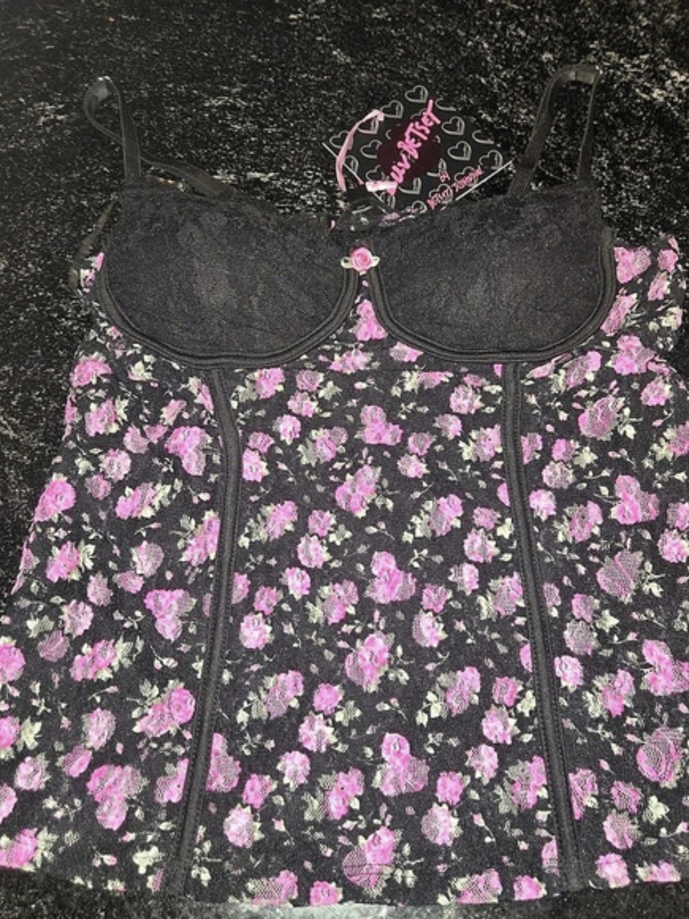 Luv Betsey Floral Bustier Bodysuit in Black & Pink Size Large NWT